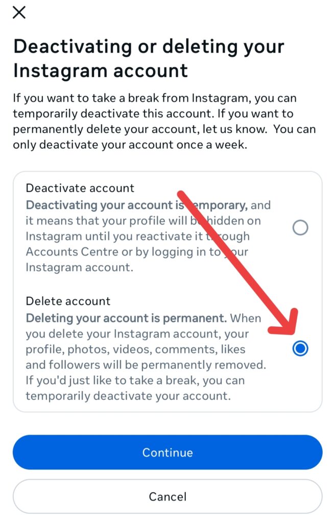 delete instagram account
